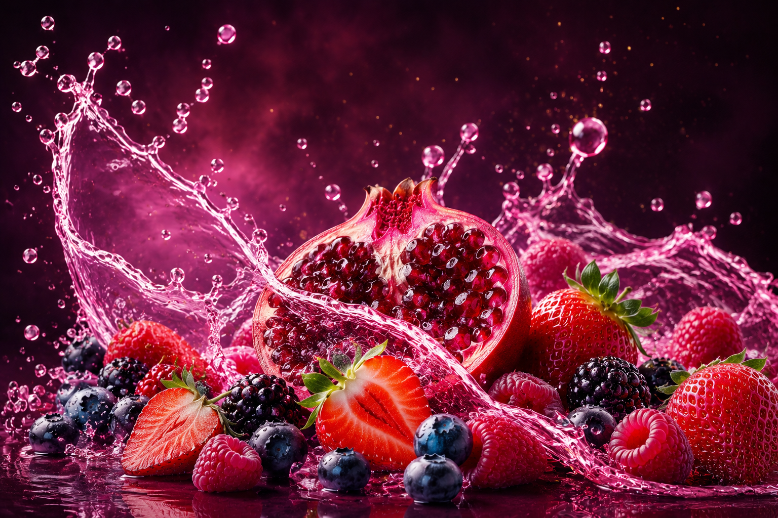 Mixed berries with a glossy red splash